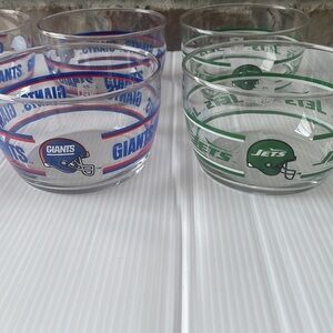 6 NFL New York Giants and New York Jets team clear glass snack or cereal bowls